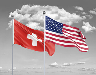 Two realistic flags. United States of America vs Switzerland. Thick colored silky flags of America and Switzerland. 3D illustration on sky background. - Illustration