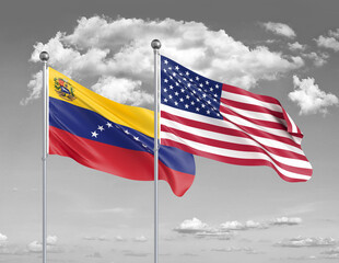 Two realistic flags. United States of America vs Venezuela. Thick colored silky flags of America and Venezuela. 3D illustration on sky background. – Illustration