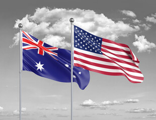 Two realistic flags. United States of America vs Australia. Thick colored silky flags of America and Australia. 3D illustration on sky background. - Illustration