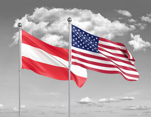 Two realistic flags. United States of America vs Austria. Thick colored silky flags of America and Austria. 3D illustration on sky background. - Illustration