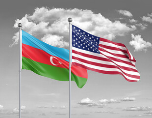 Two realistic flags. United States of America vs Azerbaijan. Thick colored silky flags of America and Azerbaijan. 3D illustration on sky background. - Illustration
