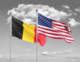 Two realistic flags. United States of America vs Belgium. Thick colored silky flags of America and Belgium. 3D illustration on sky background. - Illustration