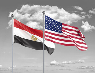 Two realistic flags. United States of America vs Egypt. Thick colored silky flags of America and Egypt. 3D illustration on sky background. - Illustration