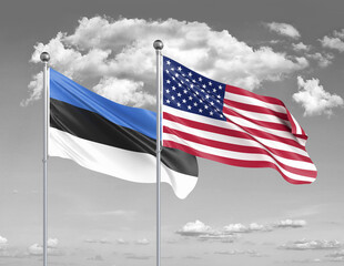 Two realistic flags. United States of America vs Estonia. Thick colored silky flags of America and Estonia. 3D illustration on sky background. - Illustration