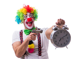 Funny clown with an alarm clock isolated on white background