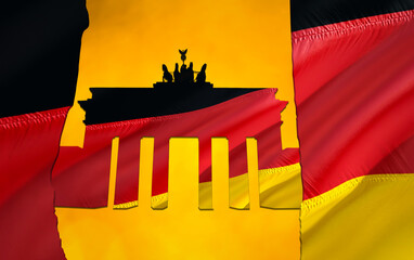 illustration of the brandenburg gate with german flag behind a wall