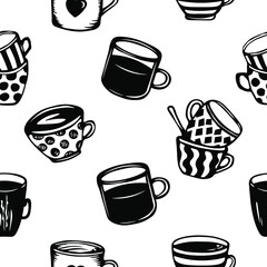 seamless pattern with mugs. hand drawn. black and white vector pattern.