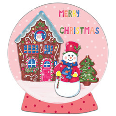 Christmas gingerbread house with sweet happy snowman and christmas tree, merry christmas, glass bol
