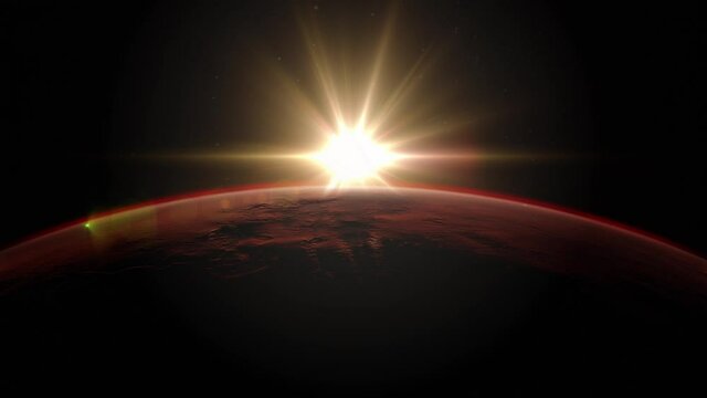 Dawn on Mars, the red planet in the sun. Space in 4K