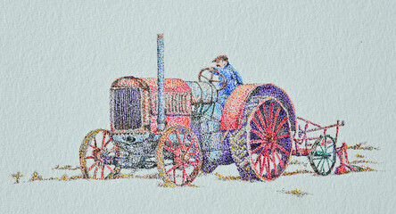 Hand Drawn Illustration of a Vintage Tractor in Pointillist syle  wIth Acrylic ink.