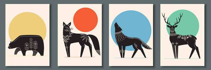 Abstract poster collection with animals: bear, fox, wolf, deer. Set of contemporary scandinavian art print templates. Ink animals with floral ornament and geometrical shapes on the background. - obrazy, fototapety, plakaty