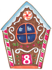Gingerbread house with number 8, peppermint sweet and christmas decorations