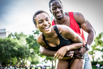African american couple making sport in New york city and having fun