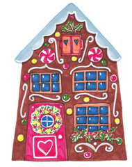 Gingerbread house drawing painting, decorated with sweets, peppermint, and snowy roof