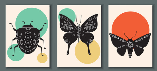 Abstract poster collection with hand drawn, insects: bug, moth, butterfly. Set of contemporary Scandinavian print templates. Ink beetles with floral ornament and geometrical shapes on the back - obrazy, fototapety, plakaty