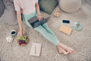 Concept maintaining work life balance on quarantine. Photo portrait cropped top above high angle view of woman eating grapes sitting on floor rug with laptop indoors