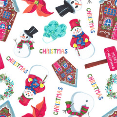 Christmas seamless repeat pattern with snowmen, gingerbread houses, mittens, pointsetta, wreath illustrations