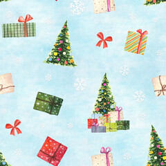 Fototapeta na wymiar Watercolor christmas seamless pattern with christmas tree end present boxes and other elements on blue snowy background.