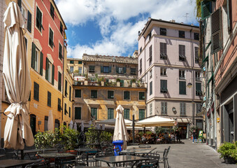Genoa, Italy: Restaurants on the small square 'Piazza del 'Erbe' in the historic centre of Genoa, the Caruggi district.