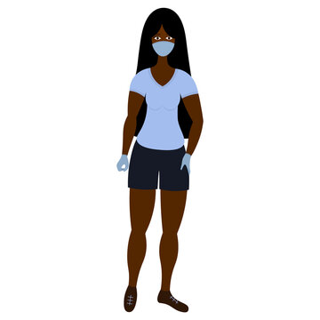 recommend clip art: African American girl in a medical mask and gloves. Respiratory protection. Protection against the spread of viruses. Covid-19 pandemic. Vector illustration. Isolated white background. Flat style. 