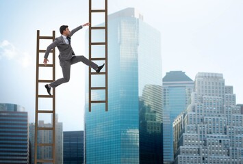 Businessman climbing career ladder in business concept