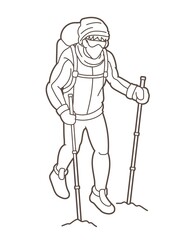 Hiker climbing mountain hiking cartoon graphic vector