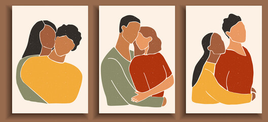 Set of abstract man and female shapes and silhouettes. Abstract couple portraits in pastel colors. Collection of contemporary art posters. Hugging people in love.