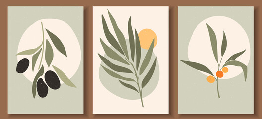 Fototapeta na wymiar Collection of contemporary art posters in pastel colors. Abstract geometric elements and strokes, leaves and berries, olive, tangerine. Great design for social media, postcards, print.