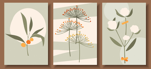 Collection of contemporary art posters in pastel colors. Abstract geometric elements and strokes, leaves and berries, olive, tangerine. Great design for social media, postcards, print.