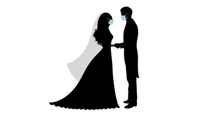 Silhouettes of groom and bride standing and holding hands. They wear masks.