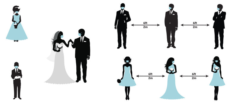 Wedding silhouettes wearing masks. Bride and groom and bridesmaid and groomsmaids with keep distance signs.