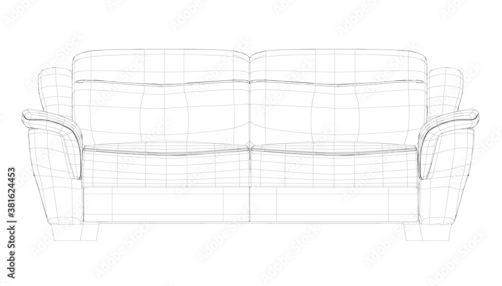 Poster wireframe of a polygonal sofa made of black lines isolated on a white background. 3d. vector illustr