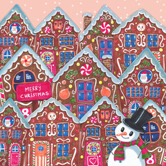 Christmas illustration, gingerbread houses street city scene, snowman wishing a Merry Christmas