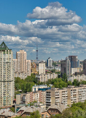 Aerial view of cityscape with TV tower, Kyiv downtown, Ukraine.