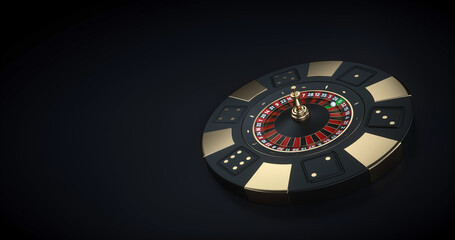 Casino Black And Golden Chip With Roulette Wheel Inside isolated On The Black Background - 3D Illustration