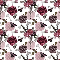 Victorian gothic style seamless pattern with watercolor red, black and burgundy roses, vintage key, butterfly on white background. Vintage floral print. Hand painted illustration.