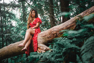 Beautiful Asian woman wearing red dress sitting on a big log in a forest