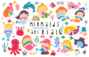 Fototapeta na wymiar Little mermaids collection isolated on white background. Hand drawn. Doodle cartoon underwater elements, fishes and animals for nursery posters, cards, kids t-shirts. Vector illustration.