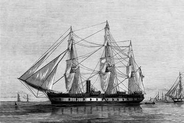 Spanish navy, frigate Lealtad. Antique illustration. 1865.