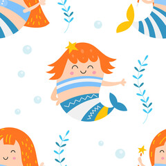 Little mermaid seamless pattern with cute mermaids. Sea background. Vector Illustration. For wallpaper, baby clothes, greeting card, packaging. Pattern is cut, no clipping mask.