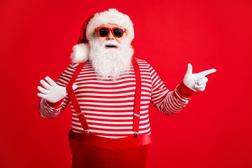 Portrait of his he nice handsome attractive cheerful funny positive bearded fat gray-haired Santa...