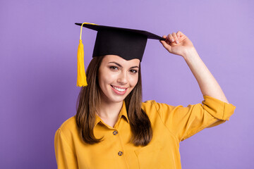 Close-up portrait of her she attractive cheerful cheery intellectual content girl wearing touching...