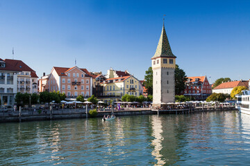 Fototapeta na wymiar harbour entrance, harbour, Lindau island, Lindau on Lake Constance, Lake Constance region, Swabia, Germany, Europe