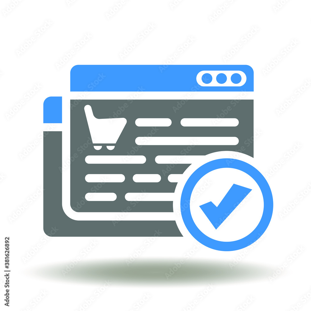 Poster website page shopping basket check mark icon vector. purchase order web sign. online place market pu