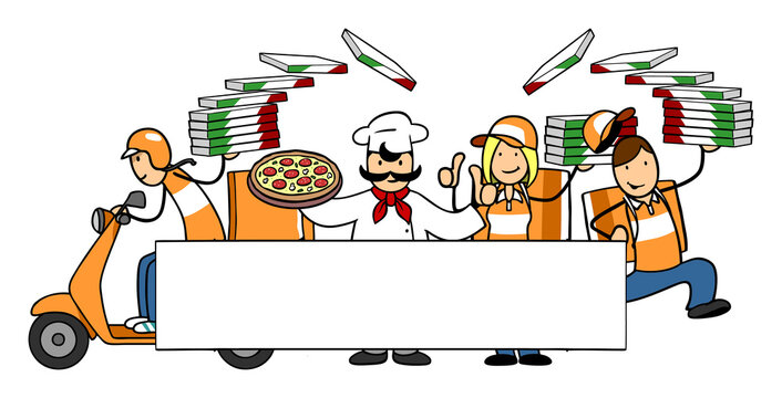 Pizzabäcker und Lieferservice Fahrer als Lieferdienst Konzept
