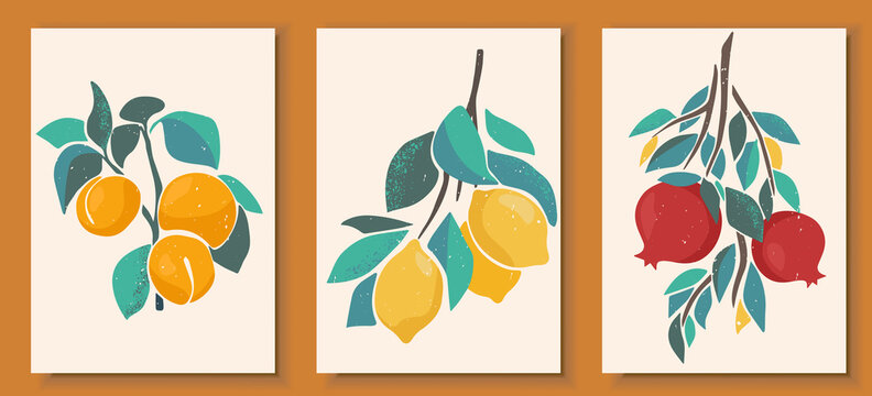 Abstract still life in pastel colors posters. Collection of contemporary art. Abstract paper cut elements, fruits and berries for social media, postcards, print. Hand drawn apricot, lemon, pomegranate