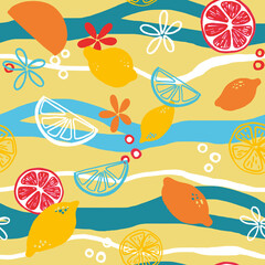Summer seamless  repeat pattern with citrus fruit, flowers and water