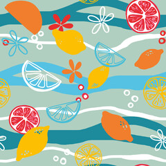 Summer fresh juicy seamless pattern with lemons, citrus fruit, flowers and water
