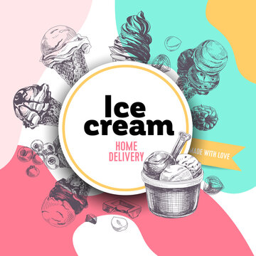 Circular frame for ice cream label, rounded by traditional cookies and confection, retro hand drawn vector illustration.