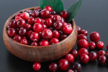 Cranberries in wooden bowl on black background. Nature, autumn, crop, food, berry concept.